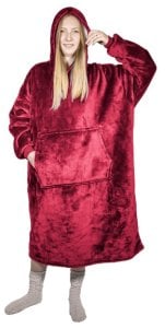 Ponczo telewizyjne z kapturem Hoodie bordo - kocobluza z futerkiem, ciepłe, długi rękaw, duża kieszeń 1