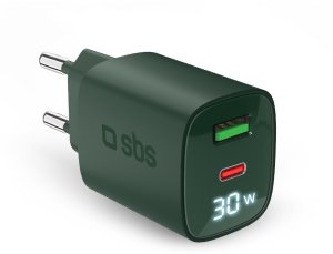 SBS LCD Wall Charger  USB-A  USB-C  LCD  30 W  zala - Ladetajs 1