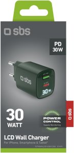SBS LCD Wall Charger  USB-A  USB-C  LCD  30 W  zala - Ladetajs 3
