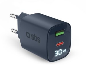 SBS LCD Wall Charger  USB-A  USB-C  LCD  30 W  zila - Ladetajs 1