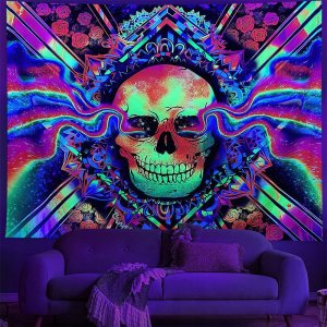 ITIMPORT Dekoracja ŚCIENNA UV OBRAZ Fluorescencyjny GOBELIN ODBLASK 150x150cm Czacha 2