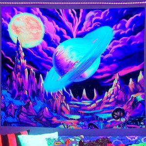 ITIMPORT Dekoracja ŚCIENNA UV OBRAZ Fluorescencyjny GOBELIN ODBLASK 150cm XL Planeta 2