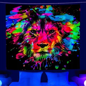 ITIMPORT Dekoracja ŚCIENNA UV OBRAZ Fluorescencyjny GOBELIN ODBLASK 150x150cm Lew2 2