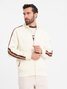 Męska bluza dresowa z wysokim kołnierzem i lampasami  kremowa V3 OM-SSZP-0219 S 1