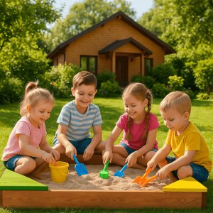 Piaskownica drewniana dla dzieci 90x90 cm impregnowana, z ławkami narożnymi i agrowłókniną UNIWERSALNY 2