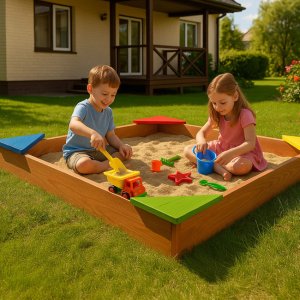 Piaskownica drewniana dla dzieci 90x90 cm impregnowana, z ławkami narożnymi i agrowłókniną UNIWERSALNY 6