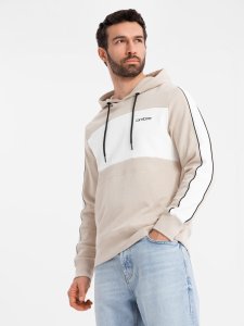 Bawełniana męska bluza z kapturem z kontrastującymi elementami - beżowa V2 OM-SSNZ-0225 XL 1