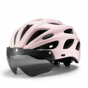 Kask rowerowy Rockbros z szybką, odpinane okulary z ochroną UV, odłączany daszek, unisex - różowy 4