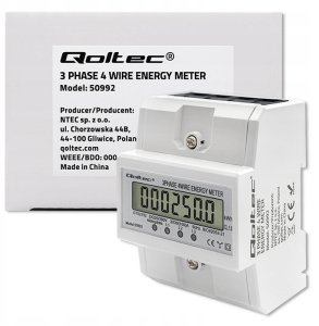 Qoltec 3-Fazowy elektroniczny licznik | miernik zużycia energii na szynę DIN | 400V | 100A | LCD | 4P 4