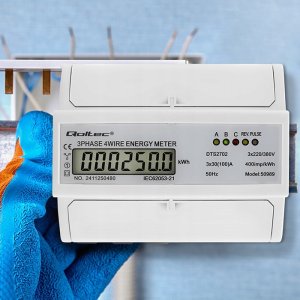 Qoltec 3-Fazowy dwukierunkowy elektroniczny licznik | miernik zużycia energii na szynę DIN | 400V | 100A | LCD | 4P 6