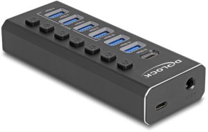 DELOCK 7 Port USB Hub mit 4 Ports 10 Gbps und 4 Schnellladeports 5 Gbps mit Schalter und Beleuchtung 1