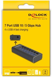 HUB USB Delock DELOCK 7 Port USB Hub mit 4 Ports 10 Gbps und 4 Schnellladeports 5 Gbps mit Schalter und Beleuchtung 4