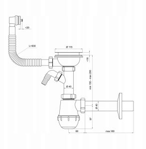 Instadrain syfon zlewozmywakowy fi 90 mm butelkowy, 1-komora, z wyjściem do pralki/zmywarki 2663 4