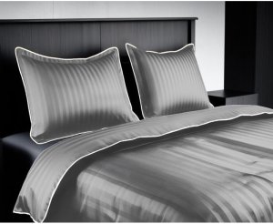 Pościel hotelowa adamaszek 200x220 dwustronna w paski GierekHoff KOMA 5928 gruba 3 el szara z białą lamówka 1