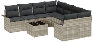 vidaXL 9-częściowy zestaw sofy ogrodowej z poduszkami jasnoszary z polirattanu 2