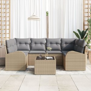 vidaXL Zestaw 7-częściowych sof ogrodowych z poduszkami Beżowy Polirattan 3