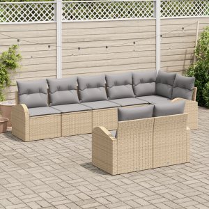 vidaXL Zestaw sofy ogrodowej 8 elementów z poduszkami w beżowym polirattanie 3