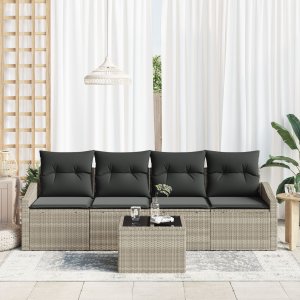 vidaXL Zestaw Sofy Ogrodowej 5 Elementów Z Poduszkami W Jasnoszarym Polirattanie 3