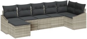 vidaXL Zestaw 7 Elementów Sofy Ogrodowej z Poduszkami Jasnoszary Polirattan 2