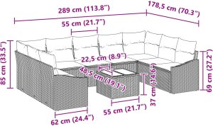 vidaXL Zestaw kanapowy z poduszkami 9-elementowy szary z polirattanu 9