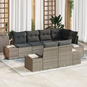 vidaXL Sofa 7-osobowa ogrodowa z poduszkami Szary Poli Rattan 1