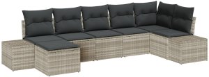 vidaXL Zestaw sof ogrodowych 7 elementów z poduszkami jasnoszary rattan 2