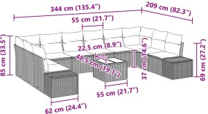 vidaXL Zestaw kanapowy z 11 elementami i szarymi poduszkami z rattanu 9