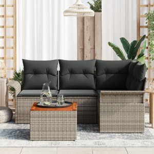 vidaXL Zestaw 5-częściowy sofa ogrodowa z poduszkami Szary Poly Rattan Acacia 3