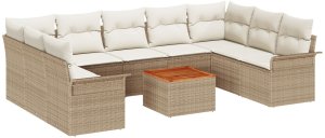 vidaXL Zestaw 10-częściowy sofa ogrodowego z poduszkami Beżowy Rattan Akacjowy 2