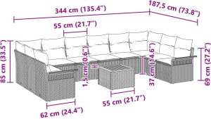 vidaXL Zestaw Sofowy na 11 Osób z Poduszkami Szary Poly Rattan Akacja 9