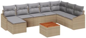 vidaXL Zestaw kanapowy ogrodowy 9 elementów z poduszkami Beżowy Polirattan Akacja 2