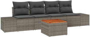 vidaXL Zestaw Sofy Ogrodowej 5 Części Z Poduszkami Szary Rattan Akacja 2