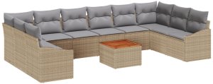vidaXL Zestaw Sof w Ogrodzie 11 Elementów z Poduszkami Beżowy Poli Rattan Akacja 2