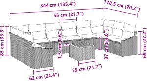 vidaXL Zestaw Sof w Ogrodzie 11 Elementów z Poduszkami Beżowy Poli Rattan Akacja 9
