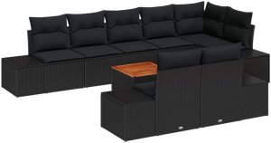 vidaXL 9-częściowy zestaw sof ogrodowych z poduszkami czarnymi z polirattanu akacjowego 2