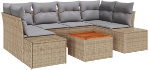 vidaXL 7-elementowy zestaw sofy ogrodowej z poduszkami w kolorze beżowym z rattanu polietylenowego i akacjowego 2