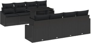 vidaXL 9-częściowy Zestaw Sof Ogrodowych z Poduszkami Czarny Polirattan 2
