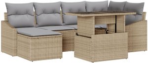 vidaXL Zestaw Sof Ogrodowych 7 Części z Poduszkami Beżowy Poli Rattan 2