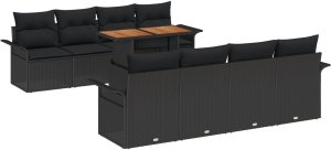 vidaXL Zestaw 9-częściowy sof ogrodowych z poduszkami czarnymi i tekowymi 2
