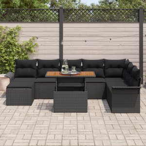 vidaXL 9-elementowy zestaw do jedzenia ogrodowego z poduszkami Czarny Rattan Akacja 3