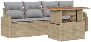 vidaXL 5-elementowy zestaw do jedzenia w ogrodzie z poduszkami Beżowy Polirattan Akacja 2