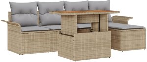 vidaXL Zestaw jadalny z 6 elementów z poduszkami Beżowy Poli Rattan Acacia 2