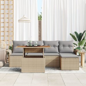 vidaXL Zestaw jadalny z 6 elementów z poduszkami Beżowy Poli Rattan Acacia 3