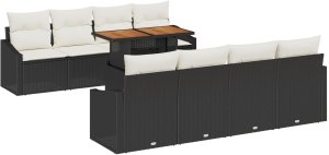 vidaXL 9-częściowy zestaw do jadalni w ogrodzie z poduszkami, czarny polirattan, akacja 2