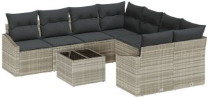 vidaXL 9-częściowy Zestaw Jadalniany w Ogrodzie z Poduszkami w Jasnoszarym Polirattanie 2