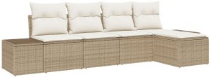 vidaXL Zestaw Sofy Ogrodowej 5 Części z Poduszkami Beżowy Polirattan 2