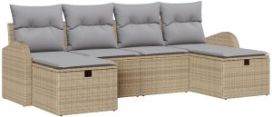 vidaXL Zestaw sof ogrodowych z 6 elementami, z poduszkami, Beżowy, Poli Rattan 2