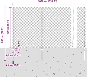 vidaXL Ogrodzenie z siatki ogniwowej z 20 słupkami U Szare 1,6x10 m Stal 10