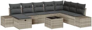 vidaXL Zestaw Sofy Ogrodowej 9 sztuk z Poduszkami Jasnoszary Poli Rattan 2