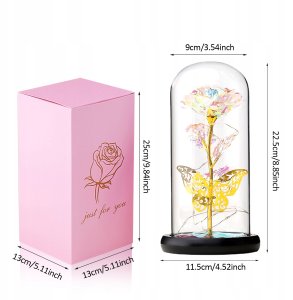 ITIMPORT WIECZNA Róża WIELOKOLOROWA W SZKLE Świecąca LED Tęczowa 2